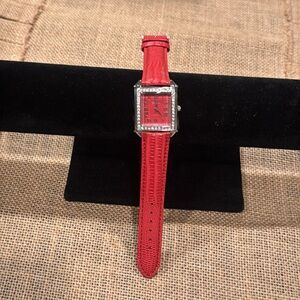 Genevex Women’s Watch Silver Tone Pave Bezel Red Leather Band